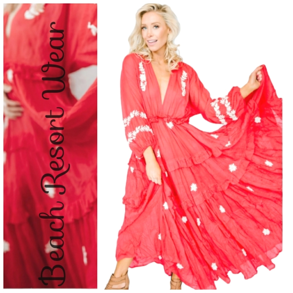 Resortwear Coral /Red/White Ruffled V Neck Floral Cotton Maxidress